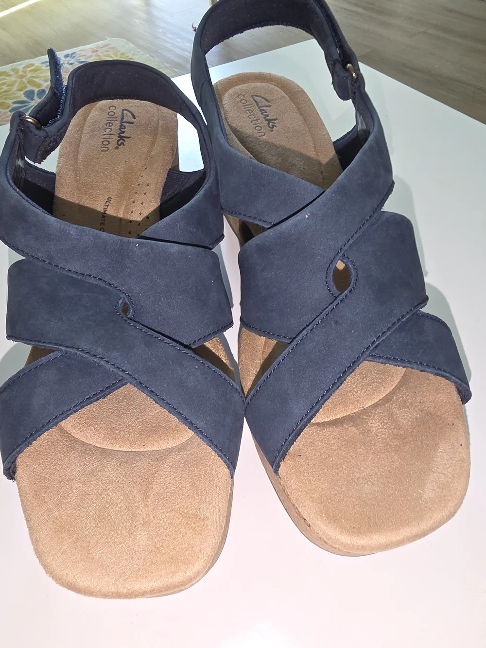 Clarks Navy Suede Wedge Sandals